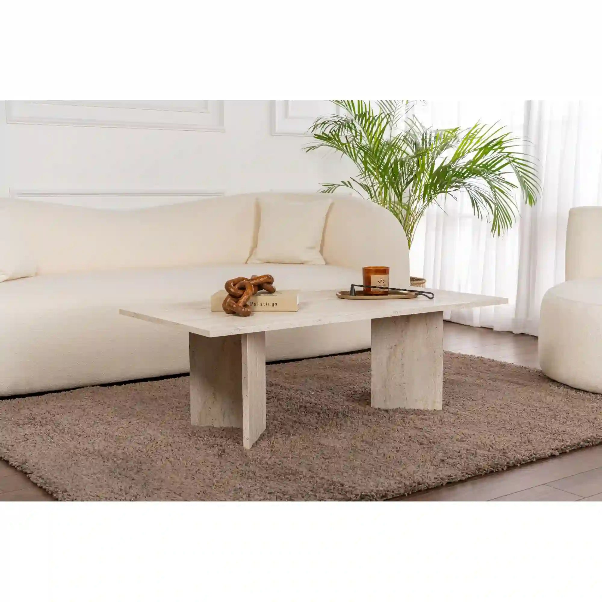 Masuta cafea SABIN, bej cu efect de piatra travertin, PAL, 119x60x40 cm