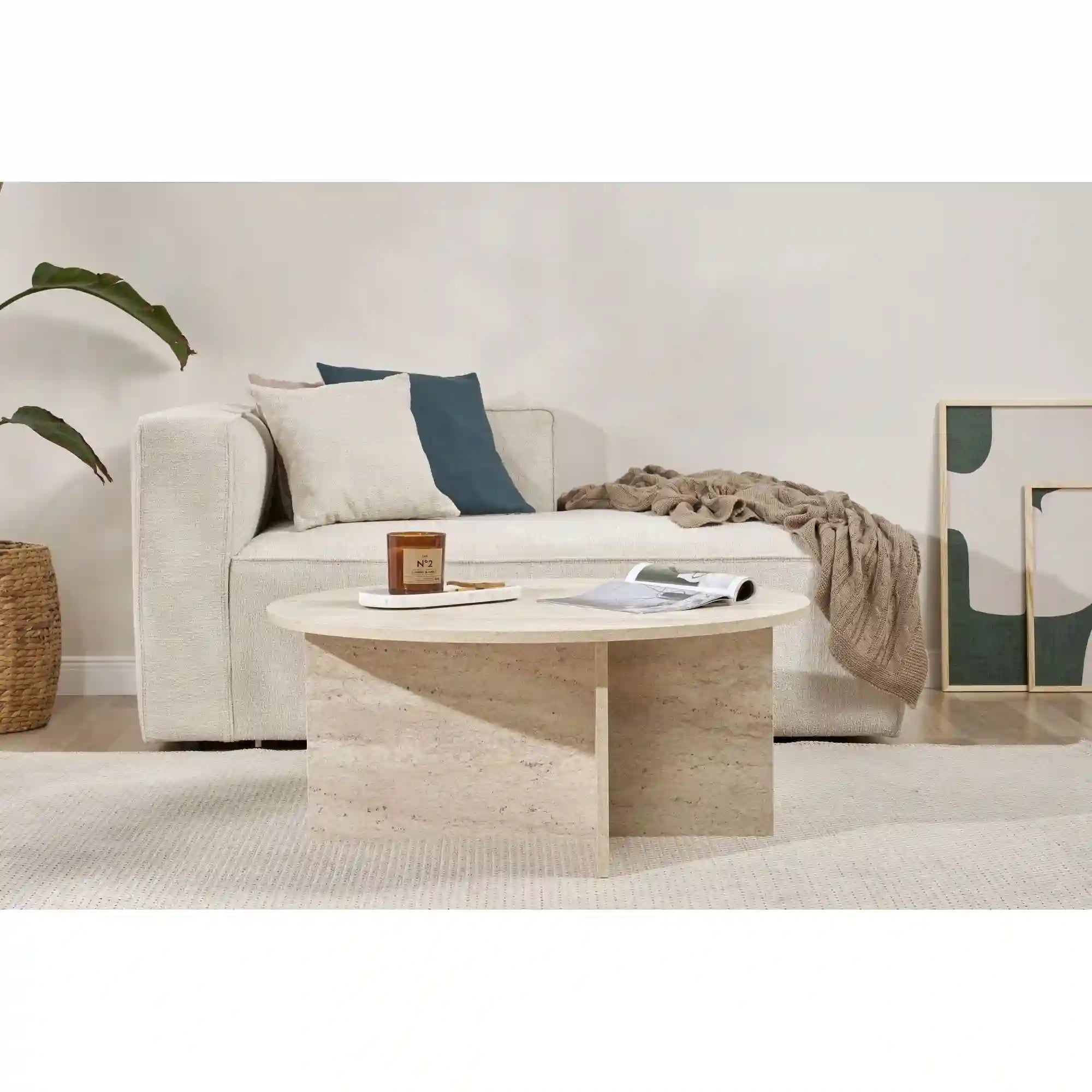 Masuta cafea SOLEIL, bej cu efect de piatra travertin, PAL melaminat, 90x90x40 cm