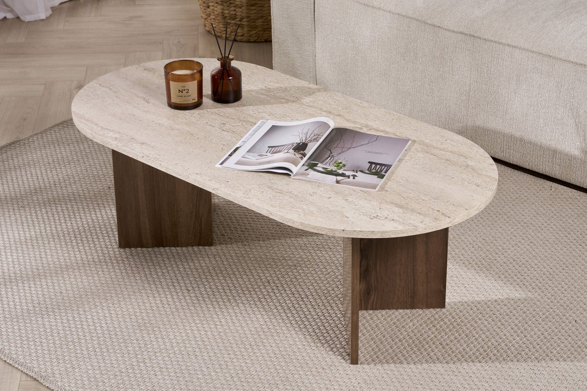 Măsuță de cafea, Sable - Travertine, Walnut, Travertin / Nuc