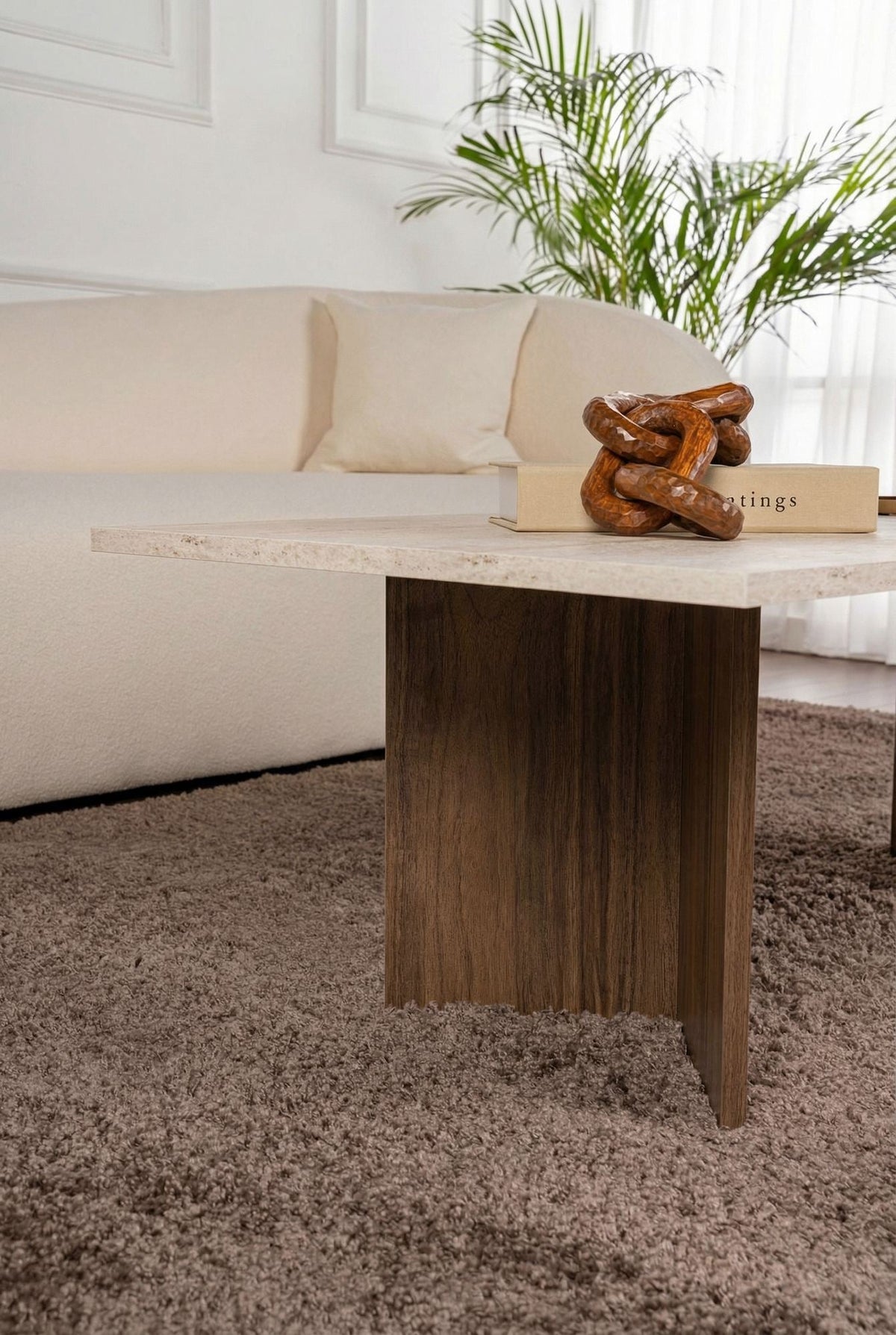Măsuță de cafea, Sabin - Travertine, Venezia Walnut, Travertin / Nuc Veneția