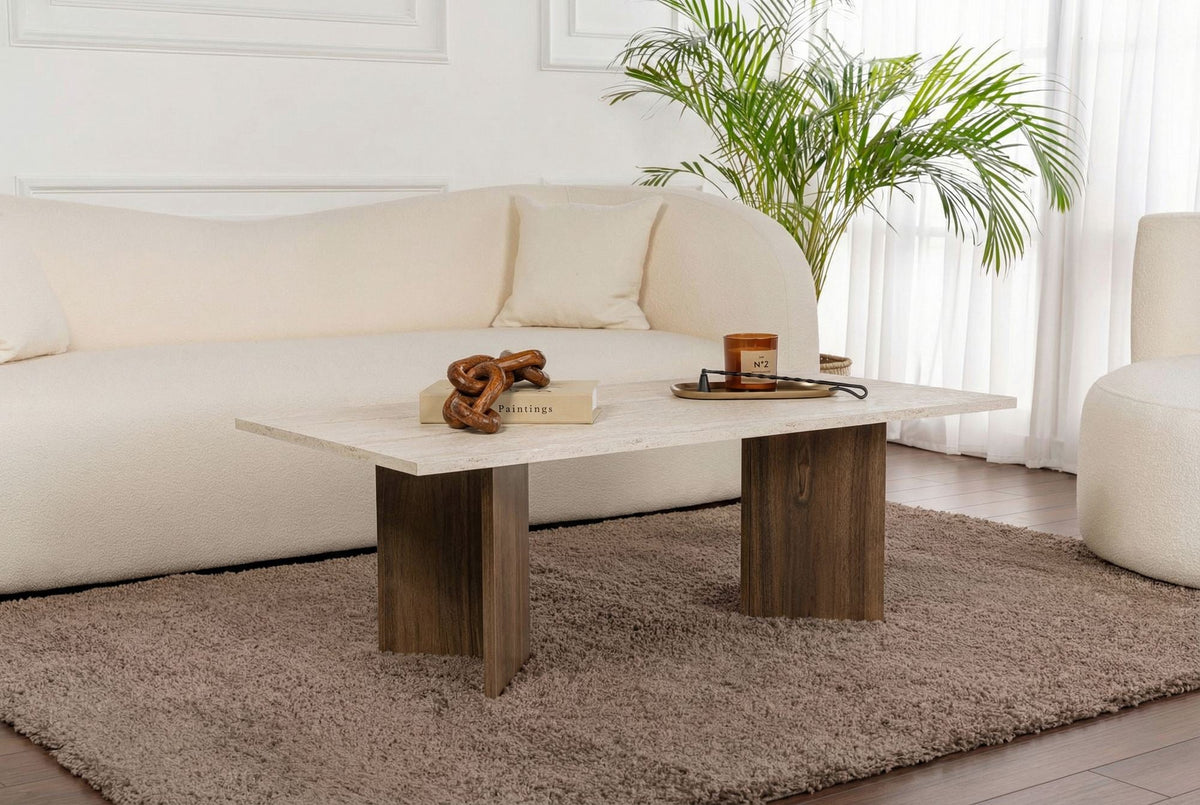 Măsuță de cafea, Sabin - Travertine, Venezia Walnut, Travertin / Nuc Veneția