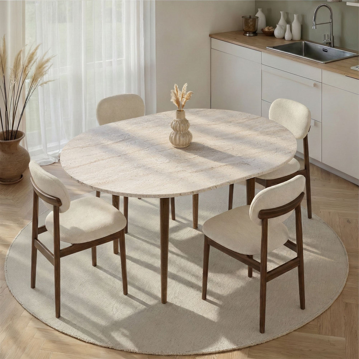 Masă dining extensibilă, Viona - Travertine, Walnut, Travertin / Nuc