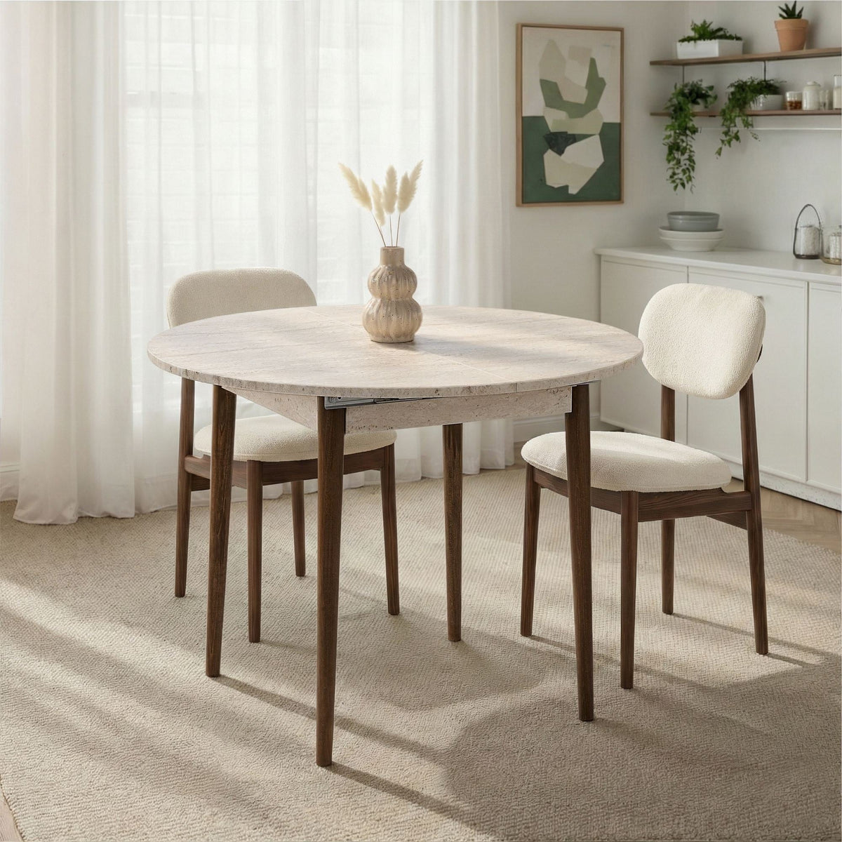 Masă dining extensibilă, Viona - Travertine, Walnut, Travertin / Nuc