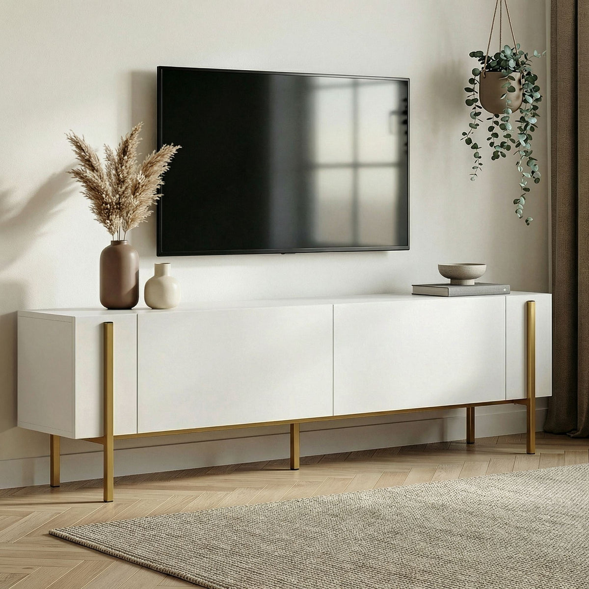 Comodă TV, Nexus - White, Gold, Alb / Auriu