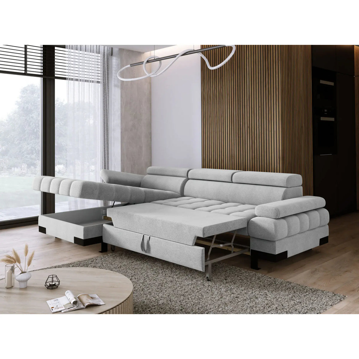 Coltar extensibil SELVA MINI, sezlong stanga, stofa catifelata scortisoara - Salvador 08, Gama Premium, cu lada depozitare si tetiere reglabile, 270x173x95 cm