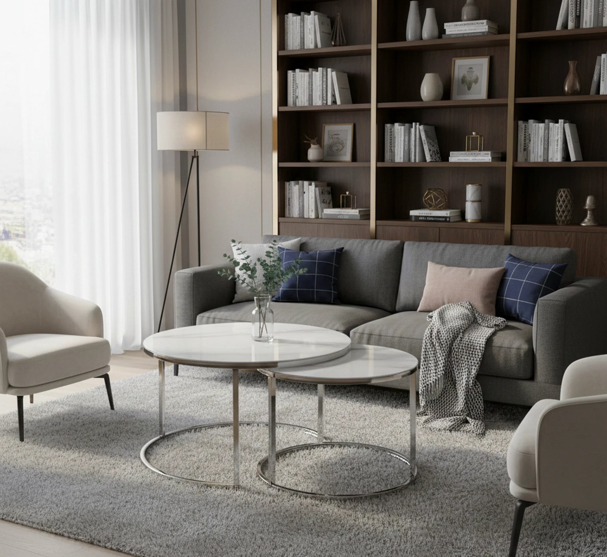 Set 2 masute cafea ATLANTA B, alb efect de marmura/crom, sticla/metal