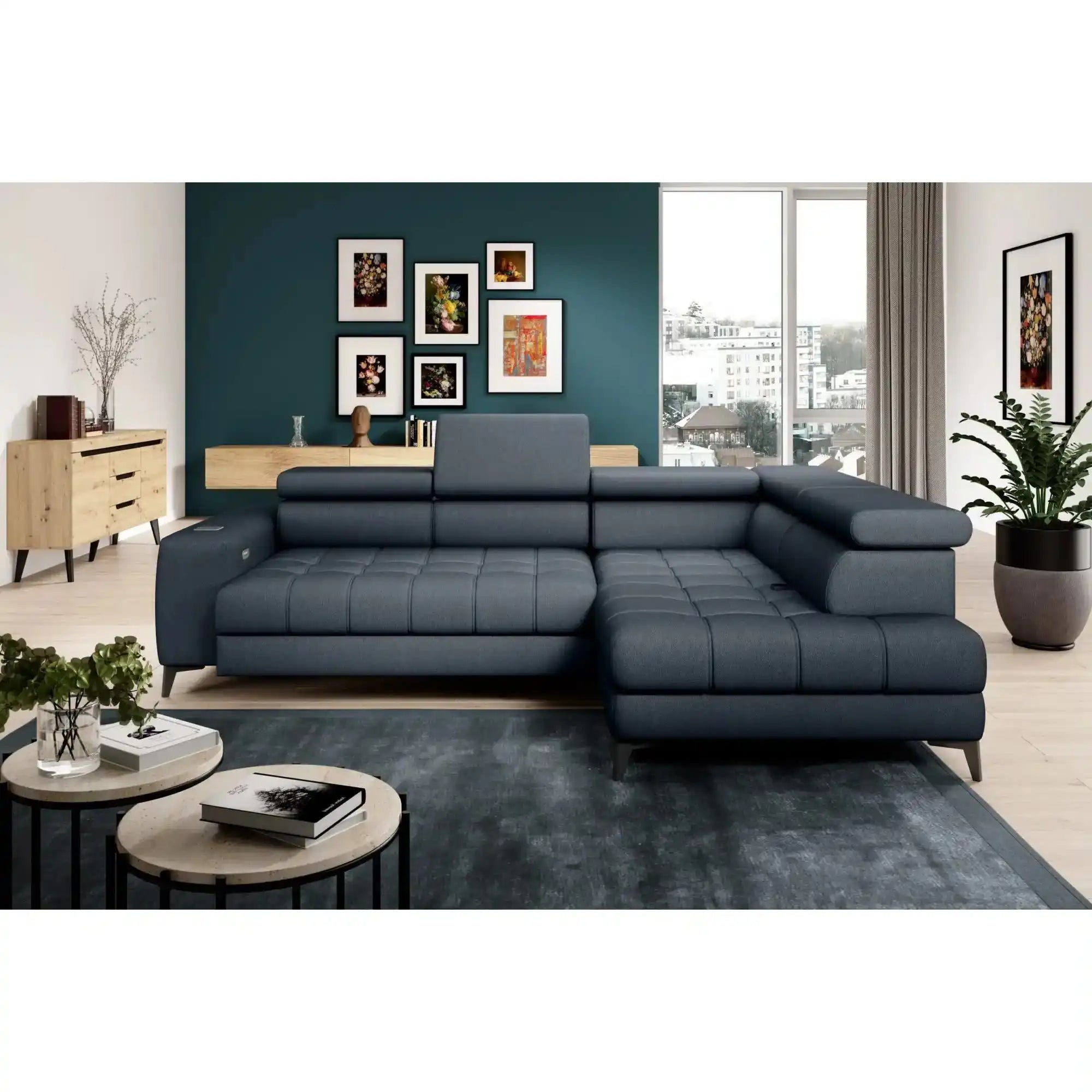 Coltar BAGGIO, sezlong dreapta, stofa catifelata gri grafit - Palladium 19, Gama Premium, cu reglaj electric, incarcator wireless, lada depozitare si tetiere electrice, 280x196x100 cm