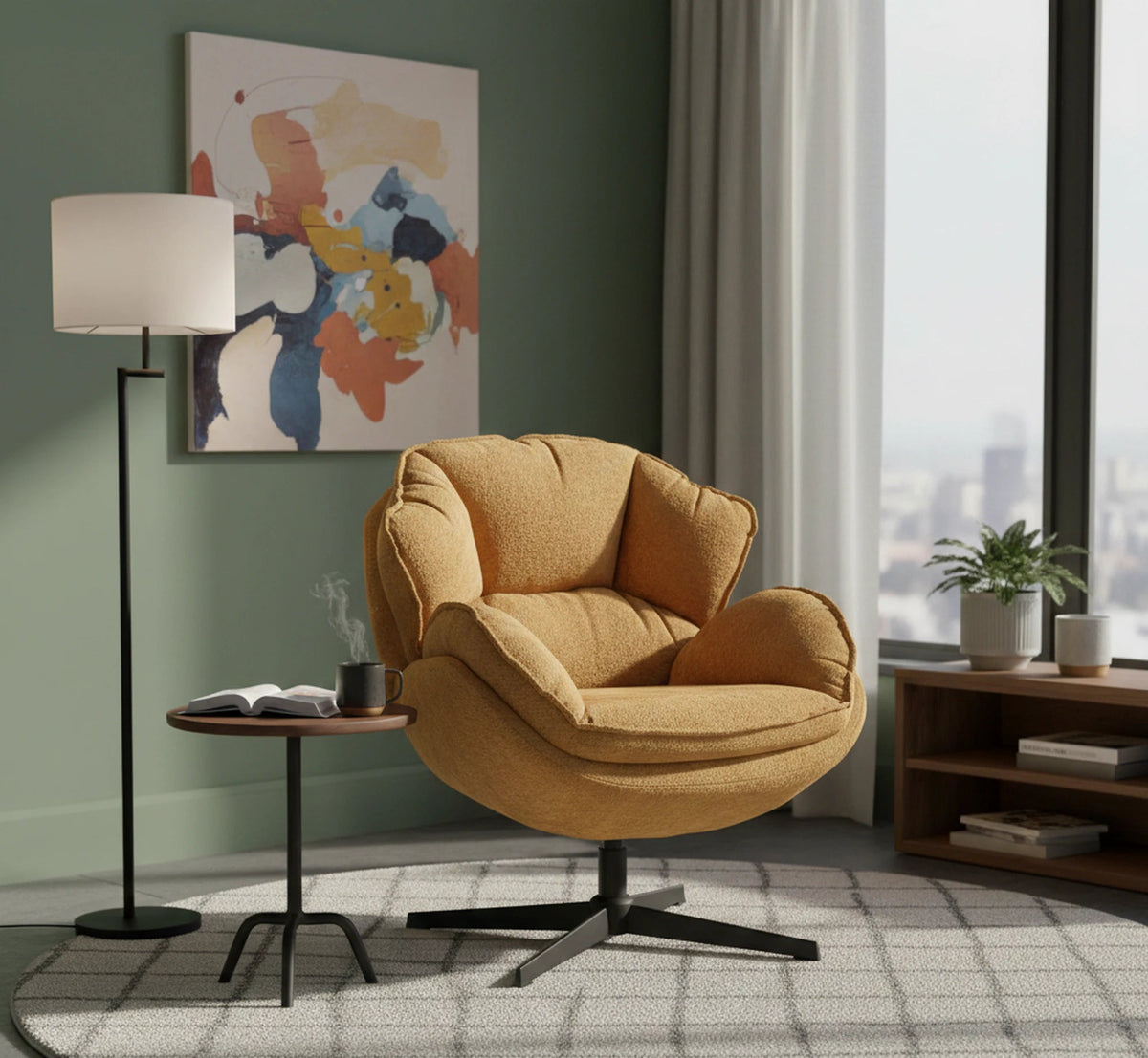 Fotoliu rotativ BETTY, galben/negru, stofa clasica/metal, 73x87x83 cm