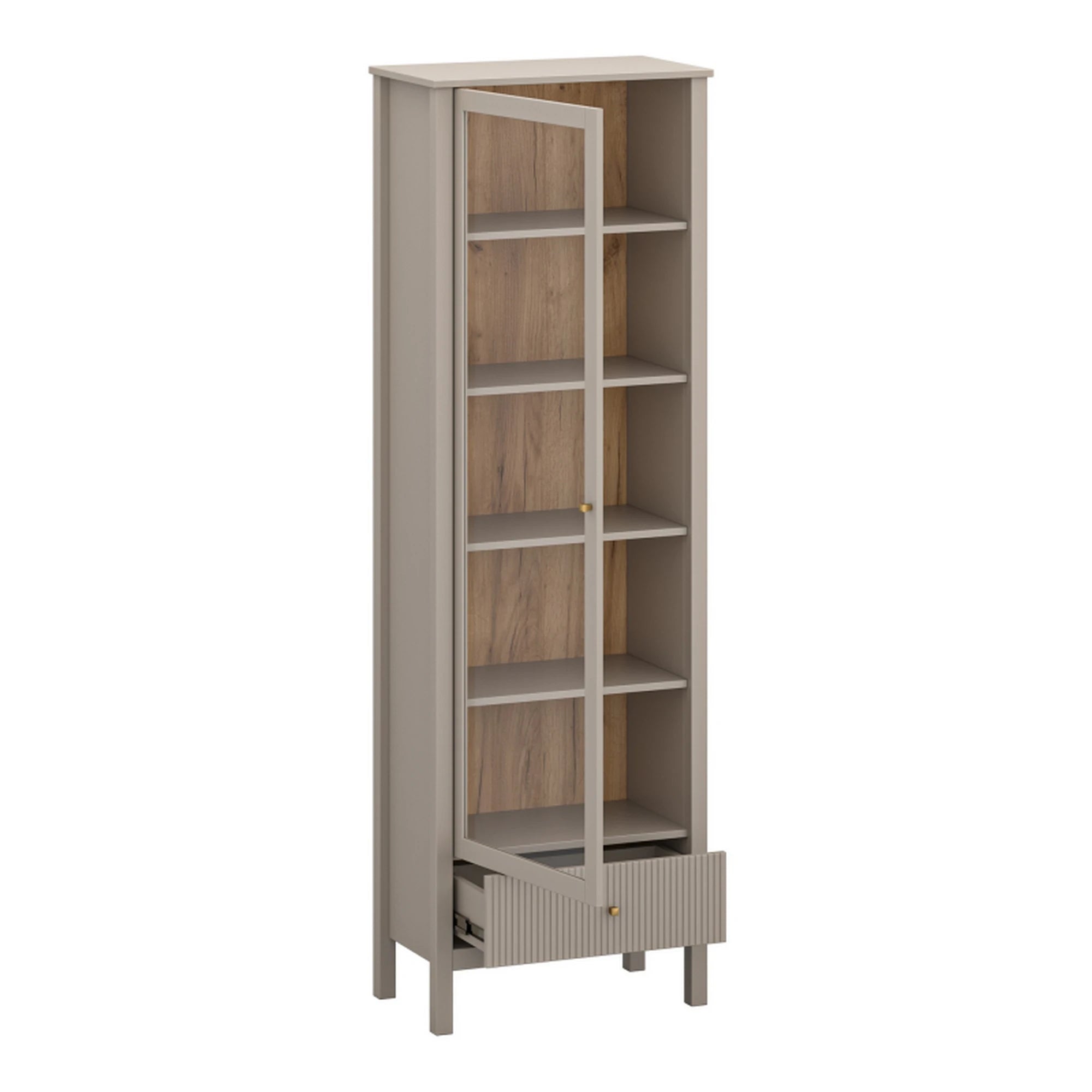 Vitrina pentru living KLEO, taupe, PAL laminat, cu iluminare LED, 65x37x201 cm