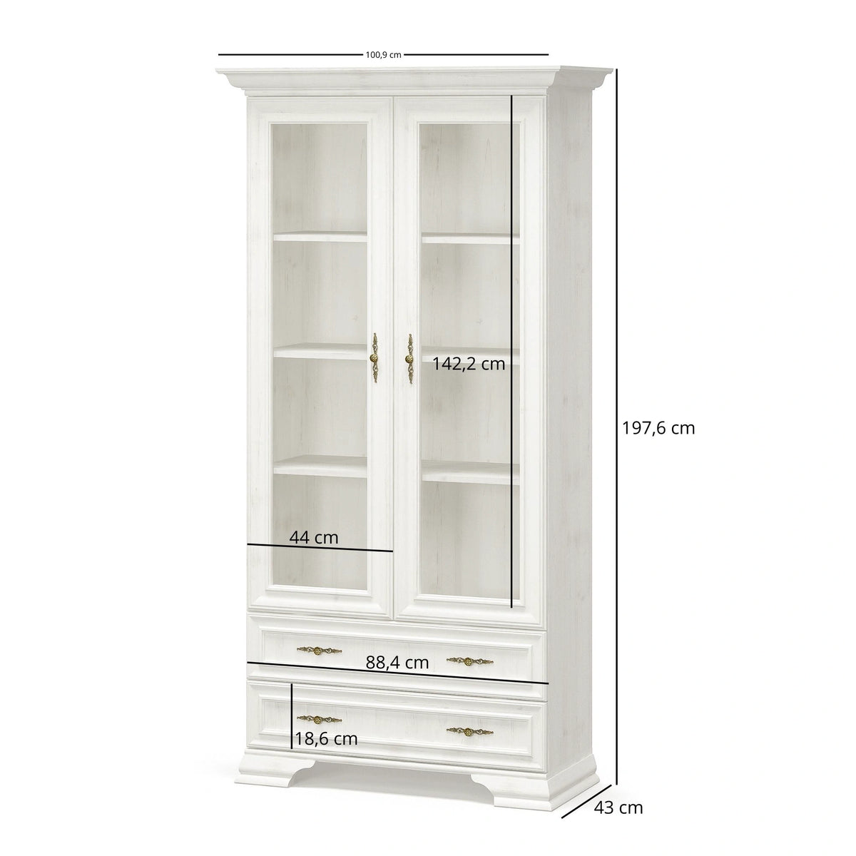 Vitrina living clasica IRYS, pin alb anderson, PAL laminat, 101x43x198 cm