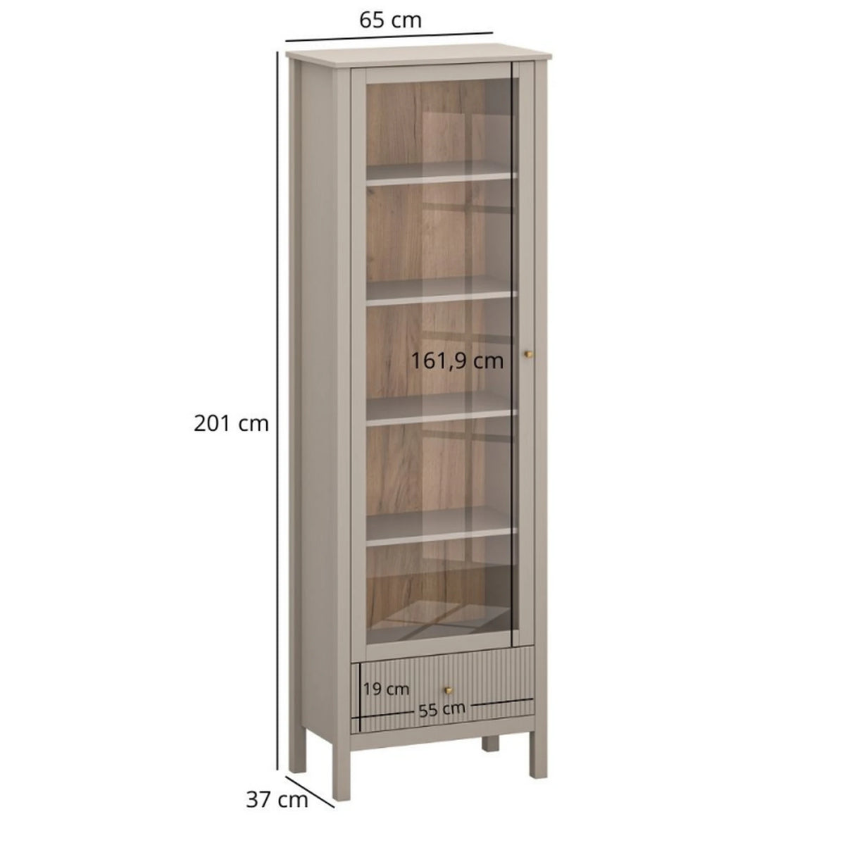Vitrina pentru living KLEO, taupe, PAL laminat, cu iluminare LED, 65x37x201 cm