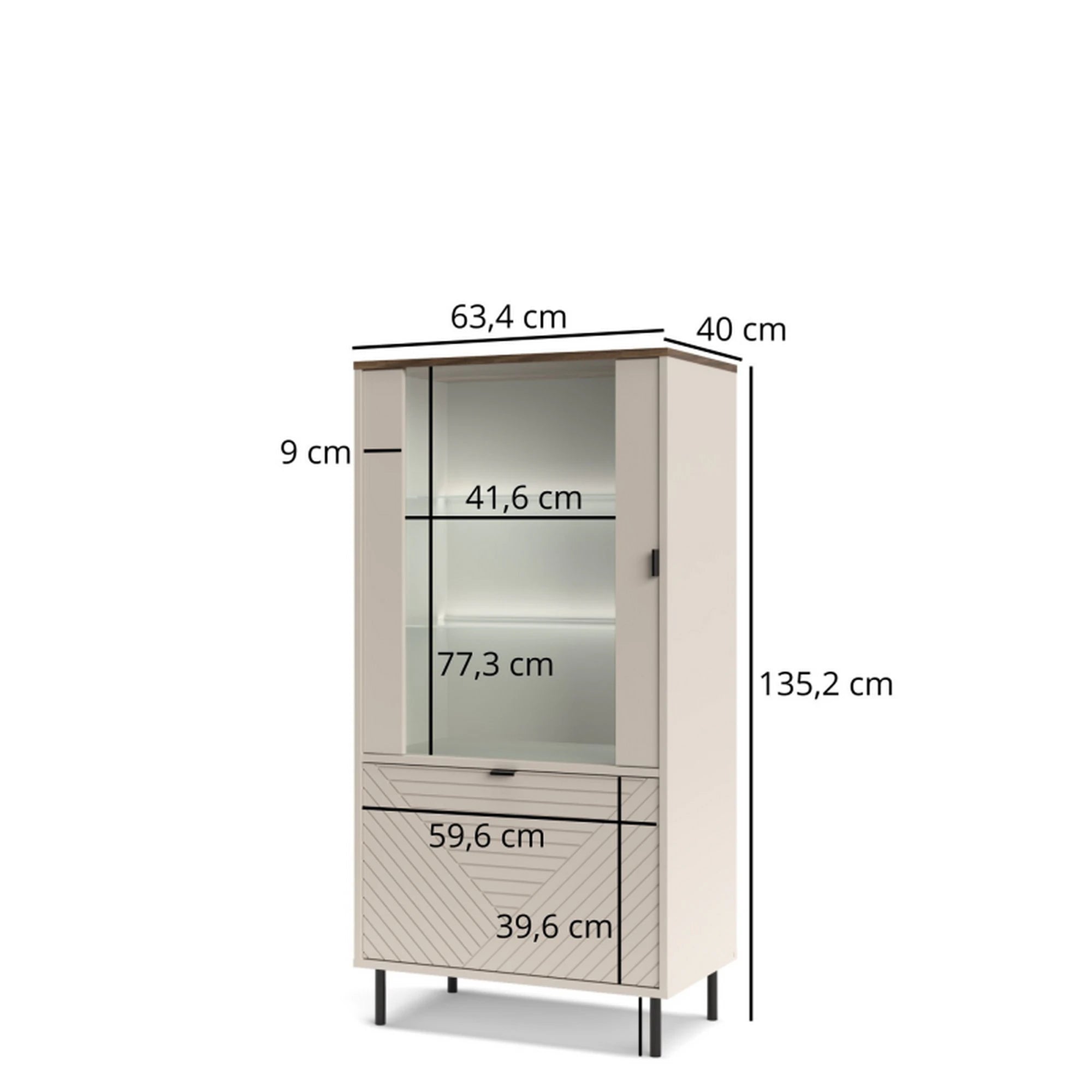 Vitrina living EVO, casmir, PAL laminat, cu iluminare LED, 69x40x136 cm