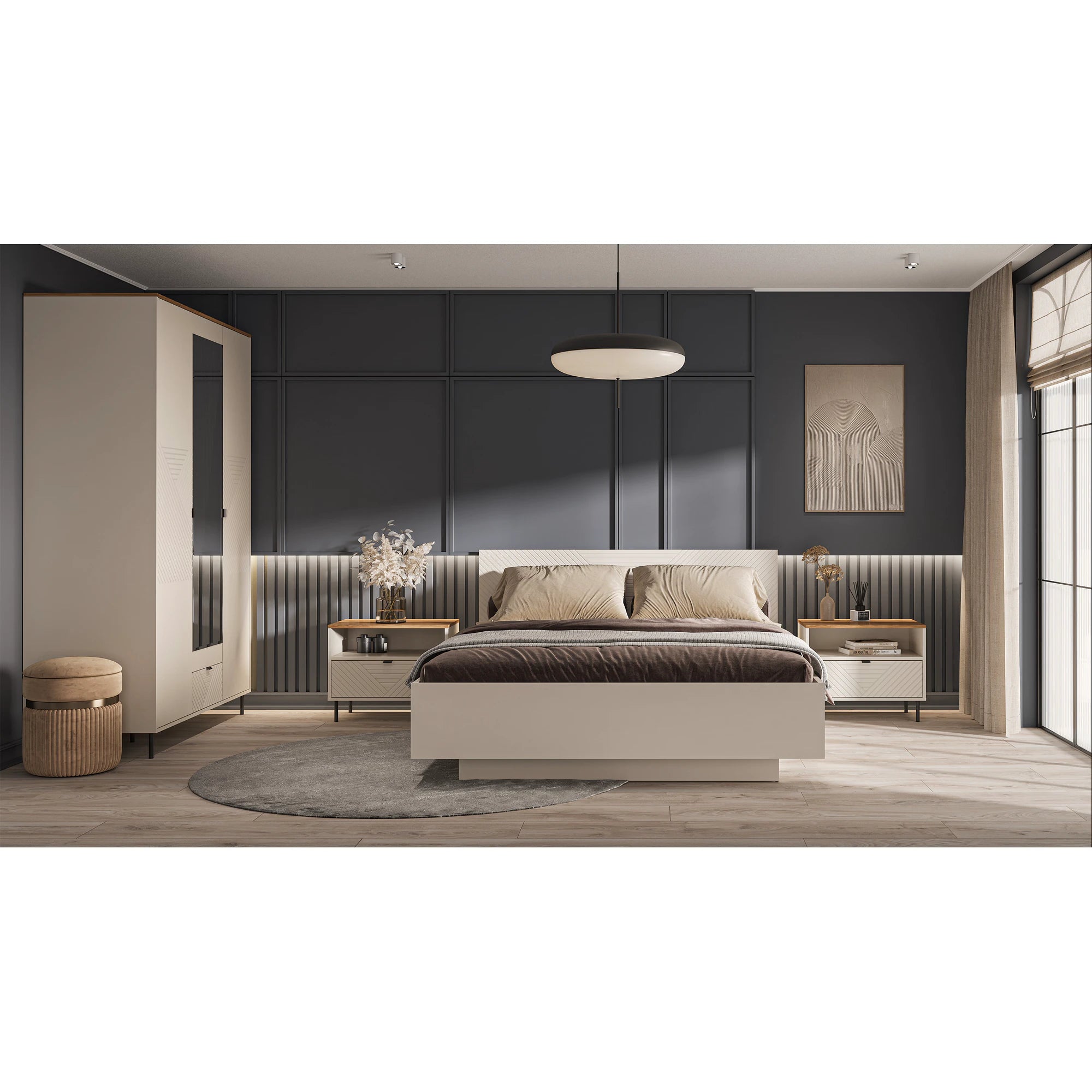 Noptiera pentru dormitor EVO, casmir/stejar, PAL laminat, 64x40x52 cm