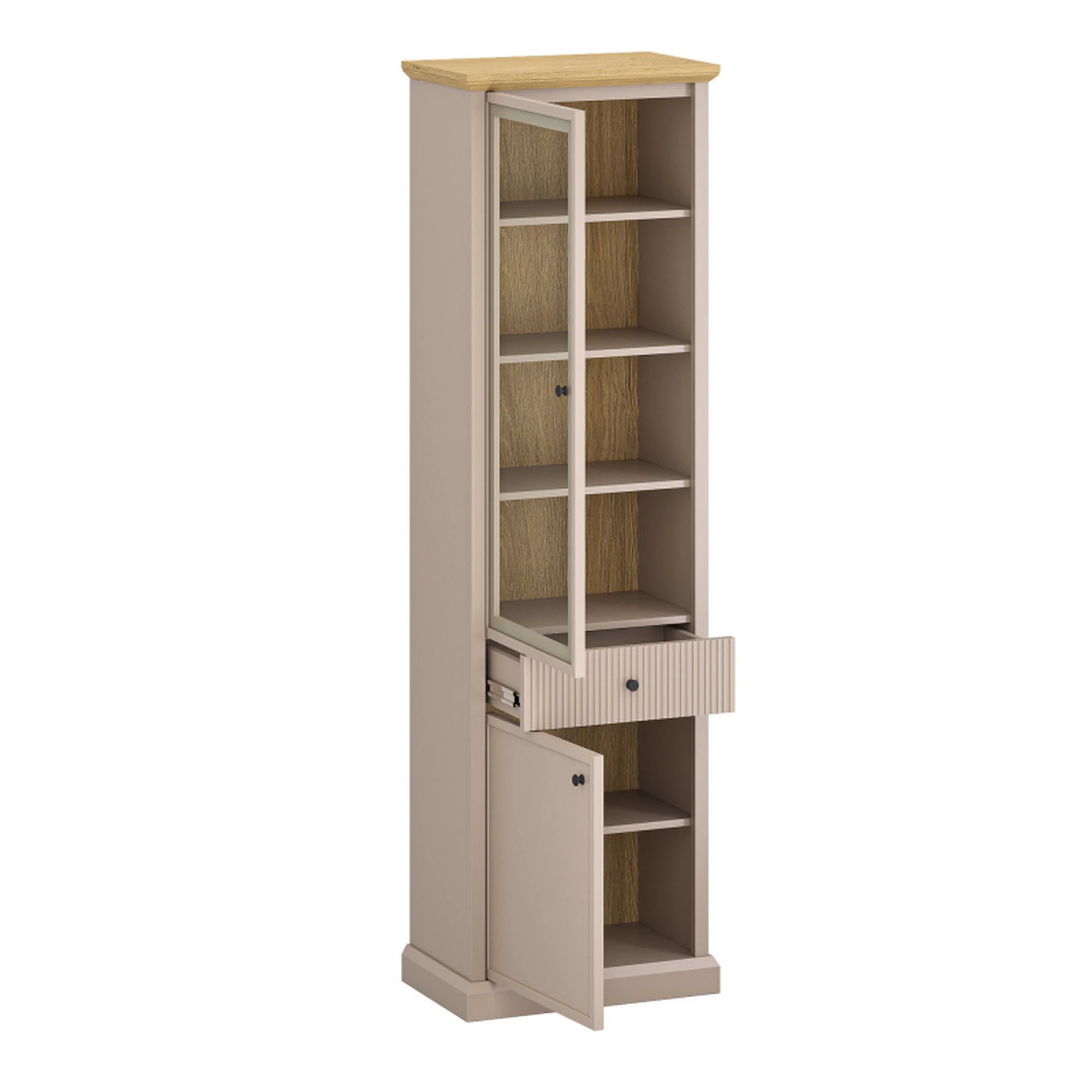 Vitrina IDELLO, taupe/stejar, PAL laminat, cu iluminare LED, 60x38x204 cm