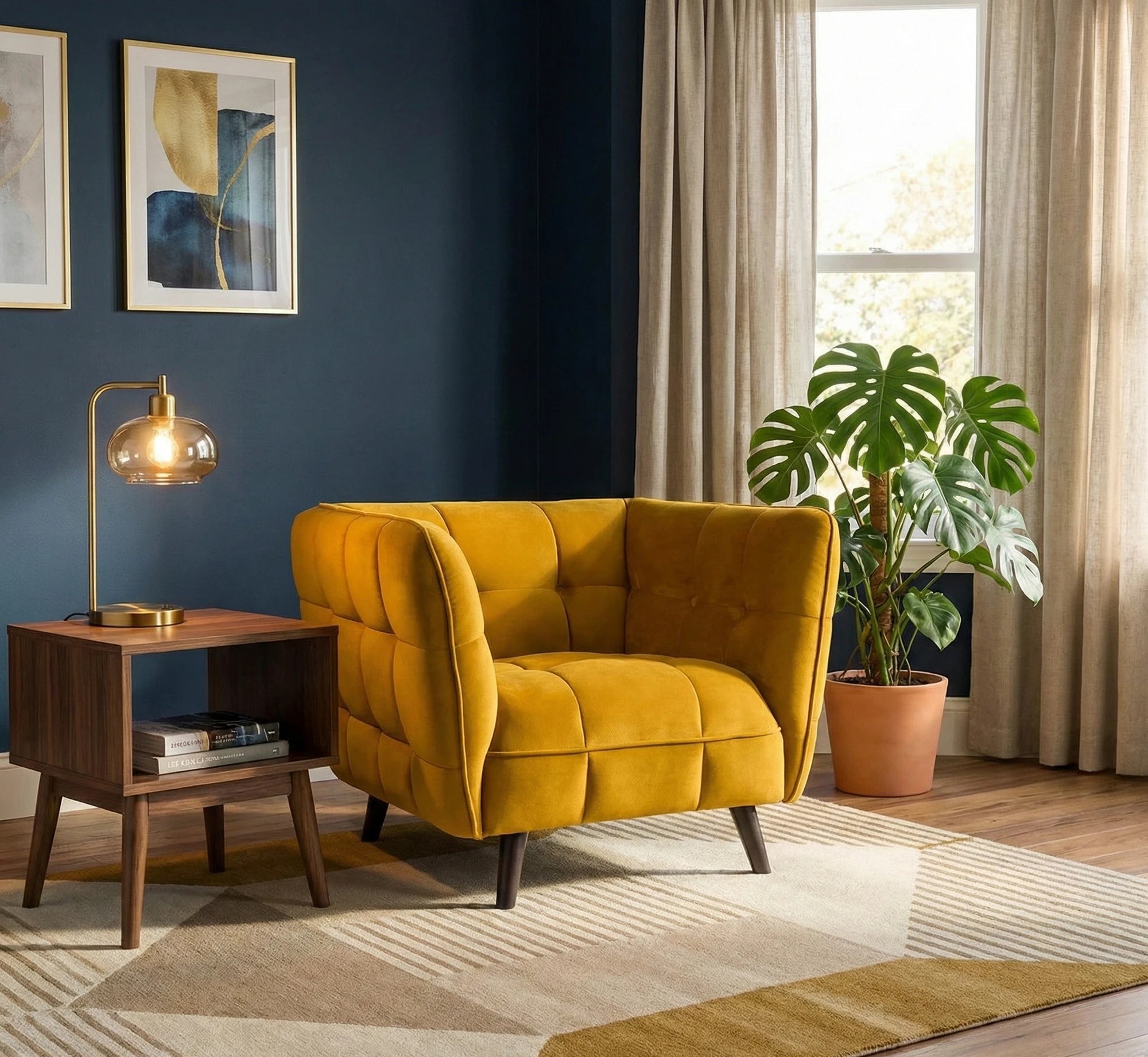 Fotoliu CASTELLO, stofa catifelata galben - Bluvel 68, 92x85x78 cm