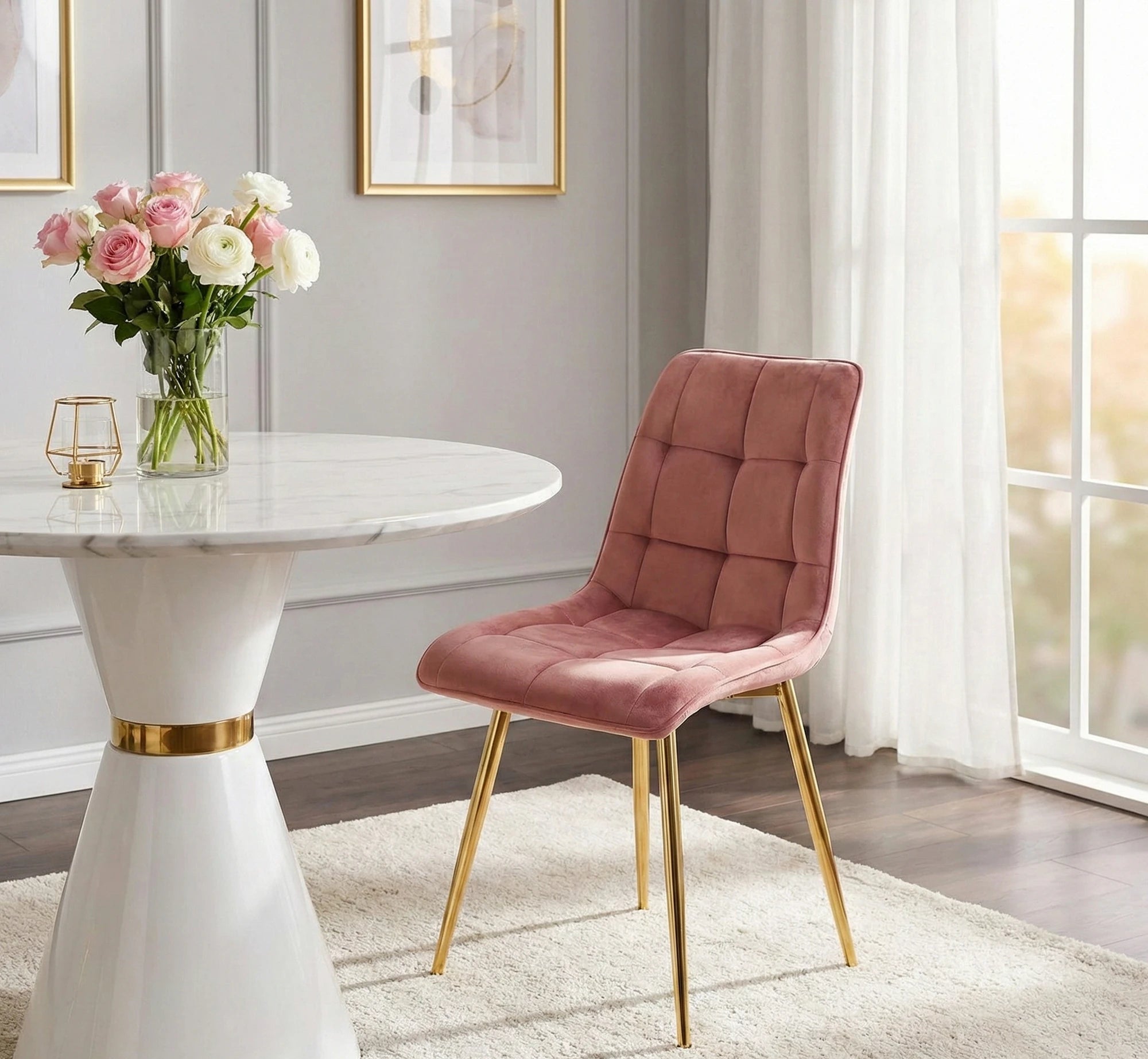 Scaun tapitat stofa catifelata CHIC, roz/auriu, 50x43x88 cm
