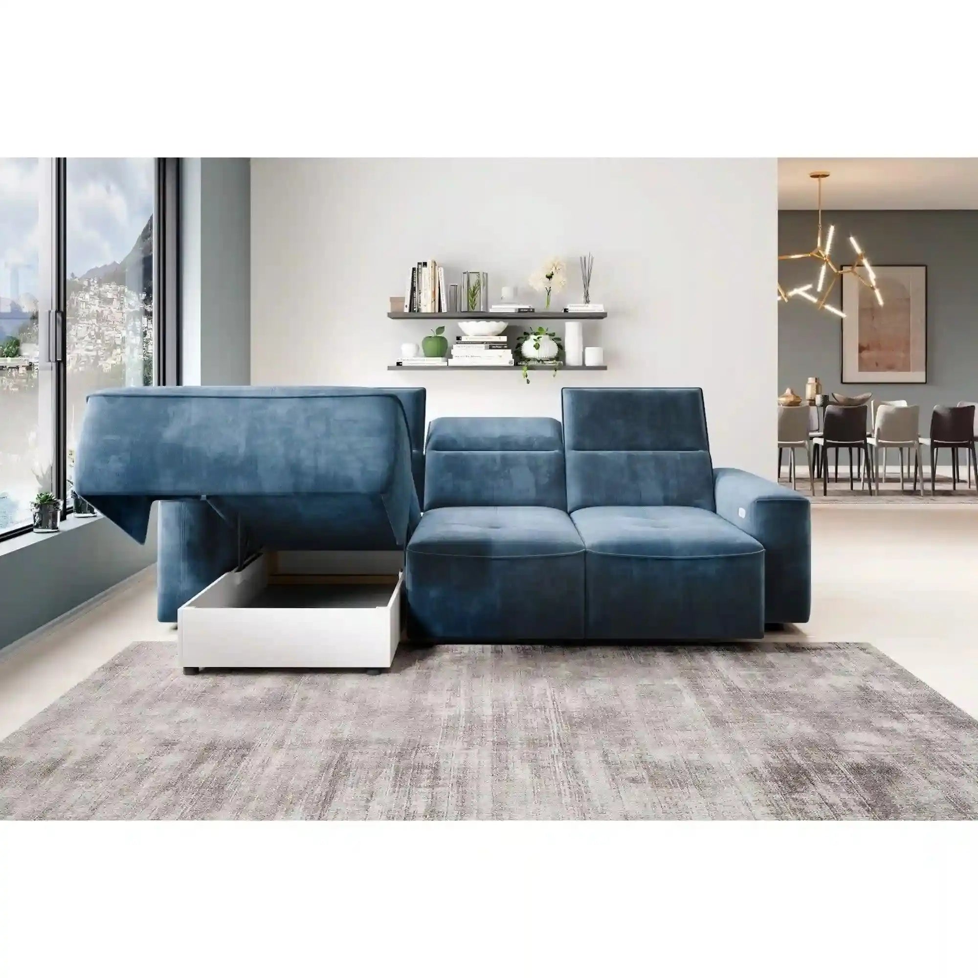 Coltar COLOMBO MINI, sezlong stanga, stofa catifelata maro deschis - Palladium 4, Gama Premium, cu reglaj electric, tetiere reglabile si lada depozitare, 275x182x103 cm