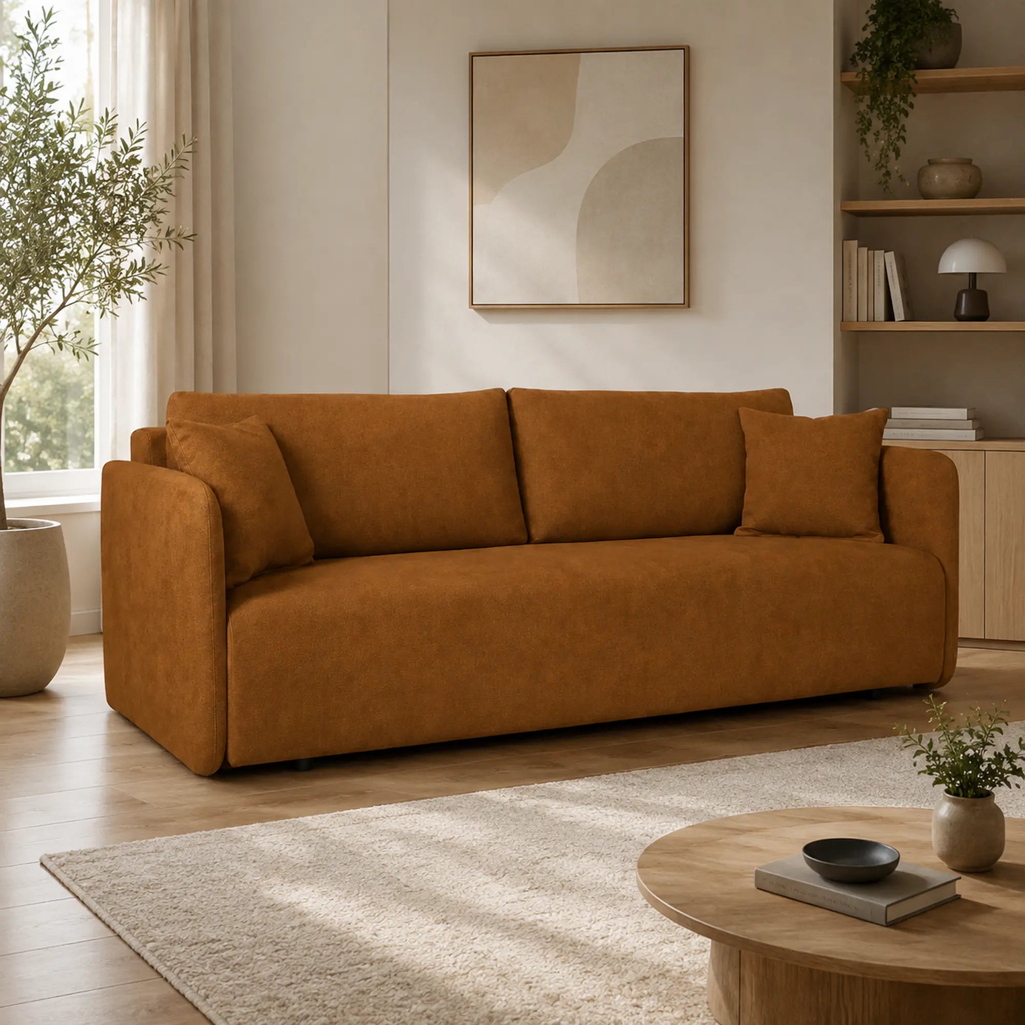Canapea extensibila Allen, stofa catifelata maro - Element 07, cu lada depozitare, 220x100x88 cm