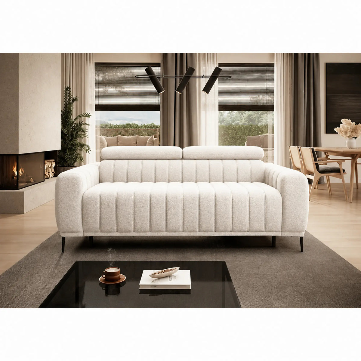Canapea extensibila GANDI 140, stofa catifelata crem - Crown 01, cu tetiere reglabile, 207x102x95 cm