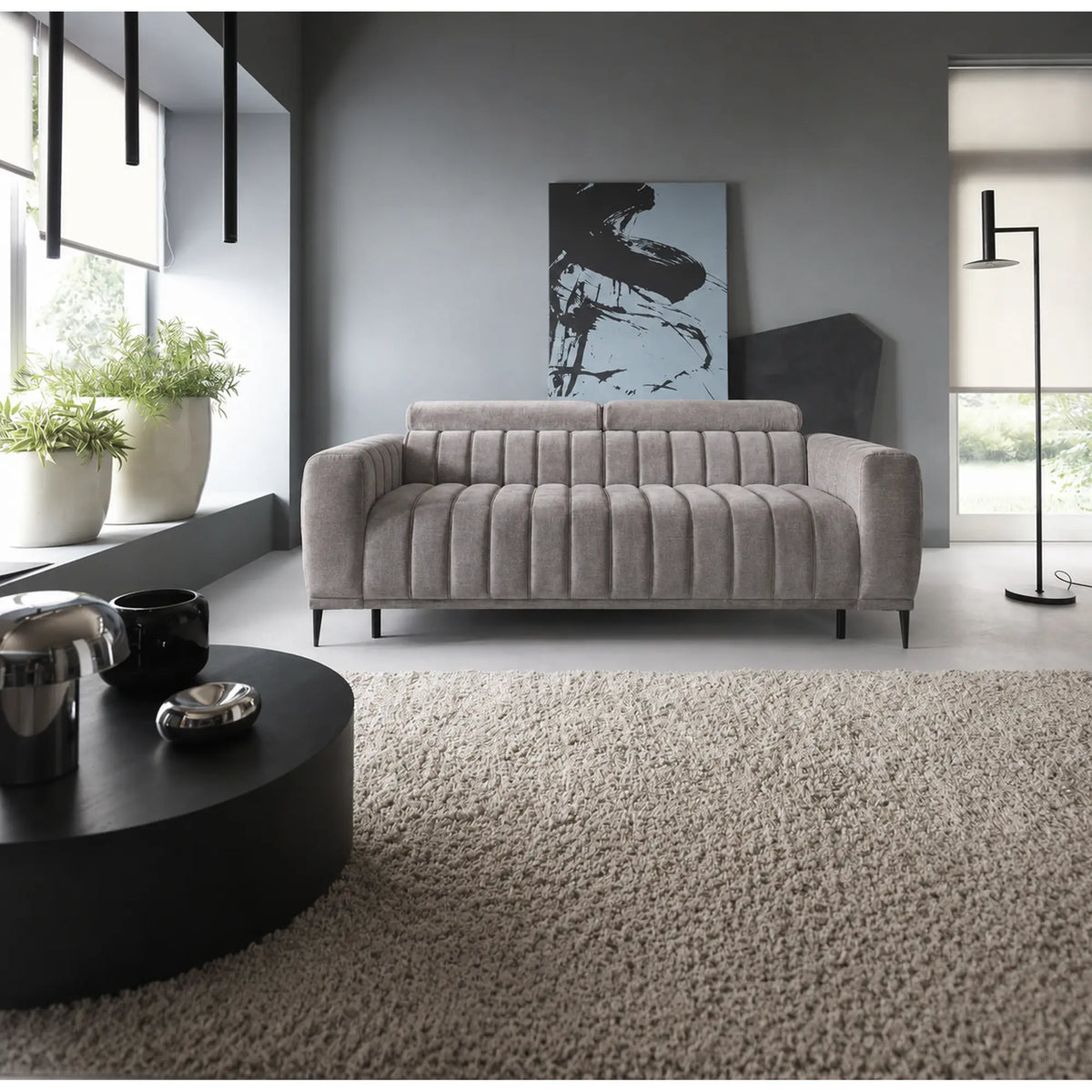 Canapea extensibila GANDI 140, stofa catifelata gri - Cloud 82, cu tetiere reglabile, 207x102x95 cm