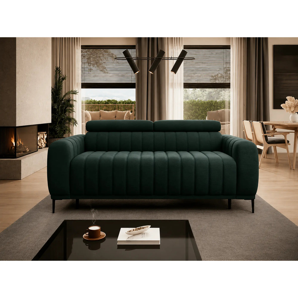 Canapea extensibila GANDI 160, stofa catifelata verde inchis - Element 12, cu tetiere reglabile, 227x102x95 cm