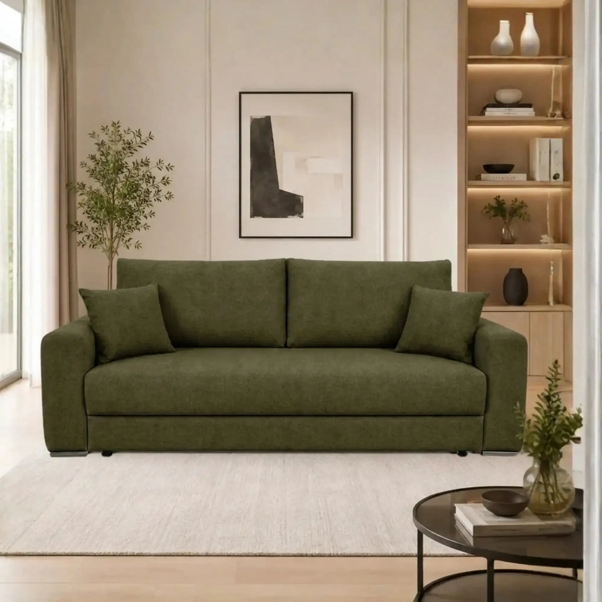 Canapea extensibila GENF, stofa catifelata verde olive - Monolith 38, cu lada depozitare, 247x103x90 cm