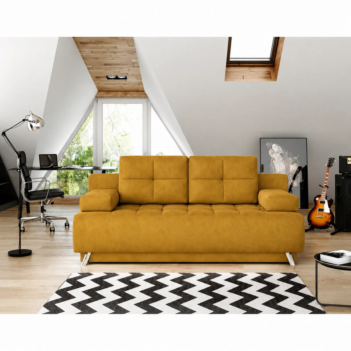 Canapea extensibila OSLO, stofa catifelata galben - Terra 48, Gama Premium, cu lada depozitare, 197x94x90 cm