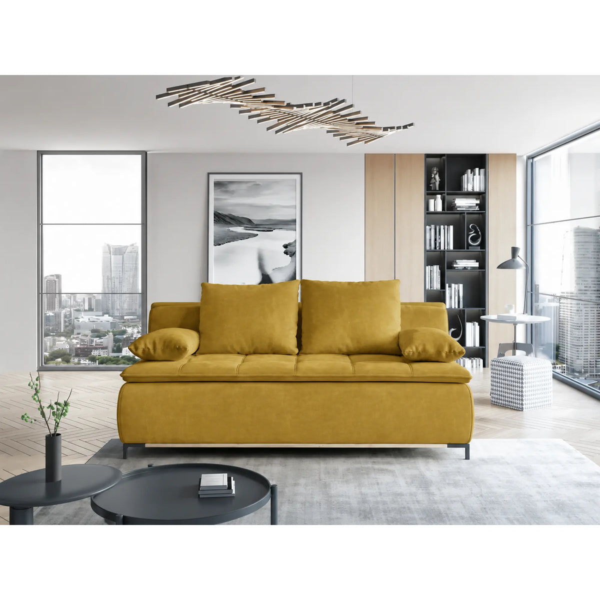Canapea extensibila SWEET, stofa catifelata galben - Riviera 41, cu lada depozitare, 204x106x91 cm