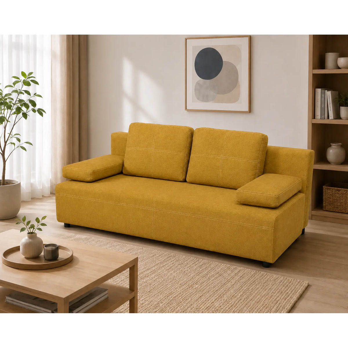 Canapea extensibila dormit zilnic NOLA, stofa catifelata galben mustar - Monolith 48, cu lada depozitare, 200x102x92 cm
