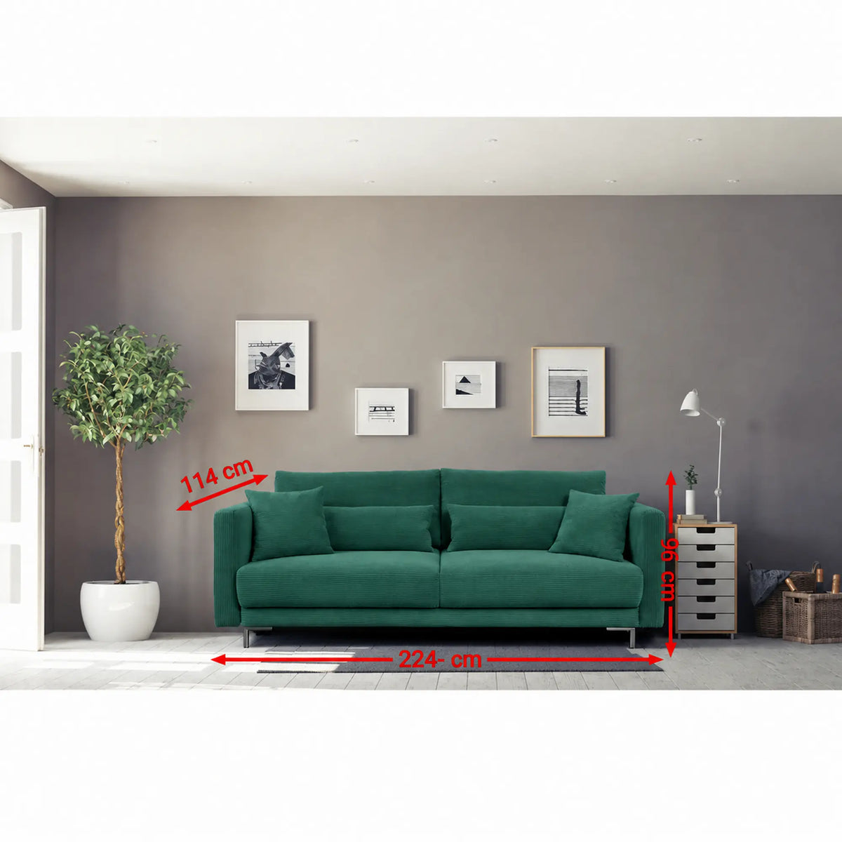 Canapea extensibila 3 locuri verde RICO, stofa catifelata - Monolith 37, cu lada depozitare, 224x114x91 cm