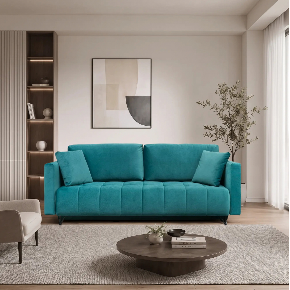 Canapea extensibila ALDO 3L, stofa catifelata turcoaz - Piano 10, cu spatiu depozitare, 227x106/145x92 cm