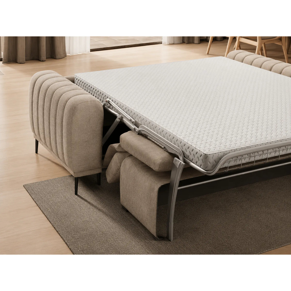Canapea extensibila GANDI 140, stofa catifelata bej - Whisper 03, cu tetiere reglabile, 207x102x95 cm