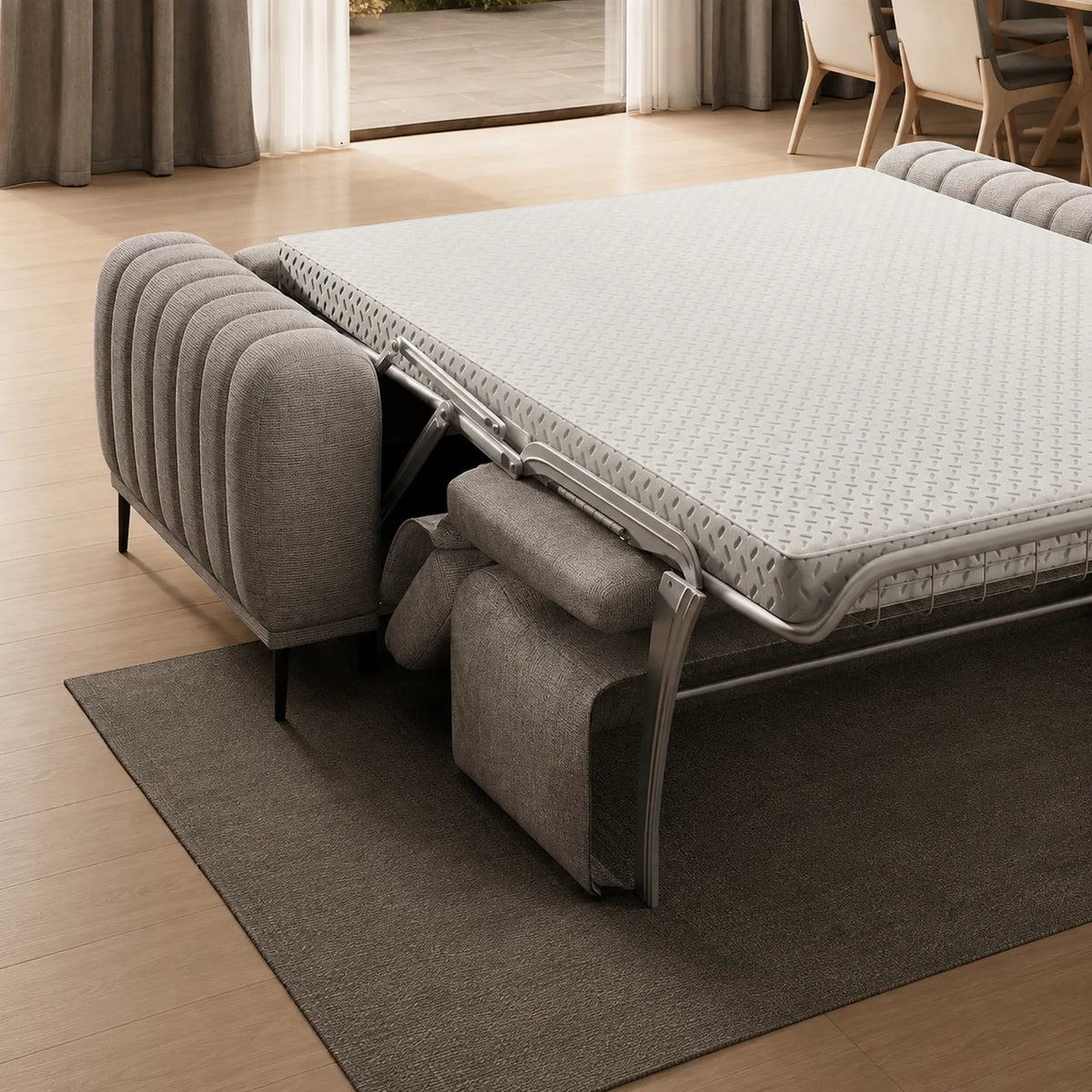 Canapea extensibila GANDI 140, stofa catifelata gri - Cloud 82, cu tetiere reglabile, 207x102x95 cm