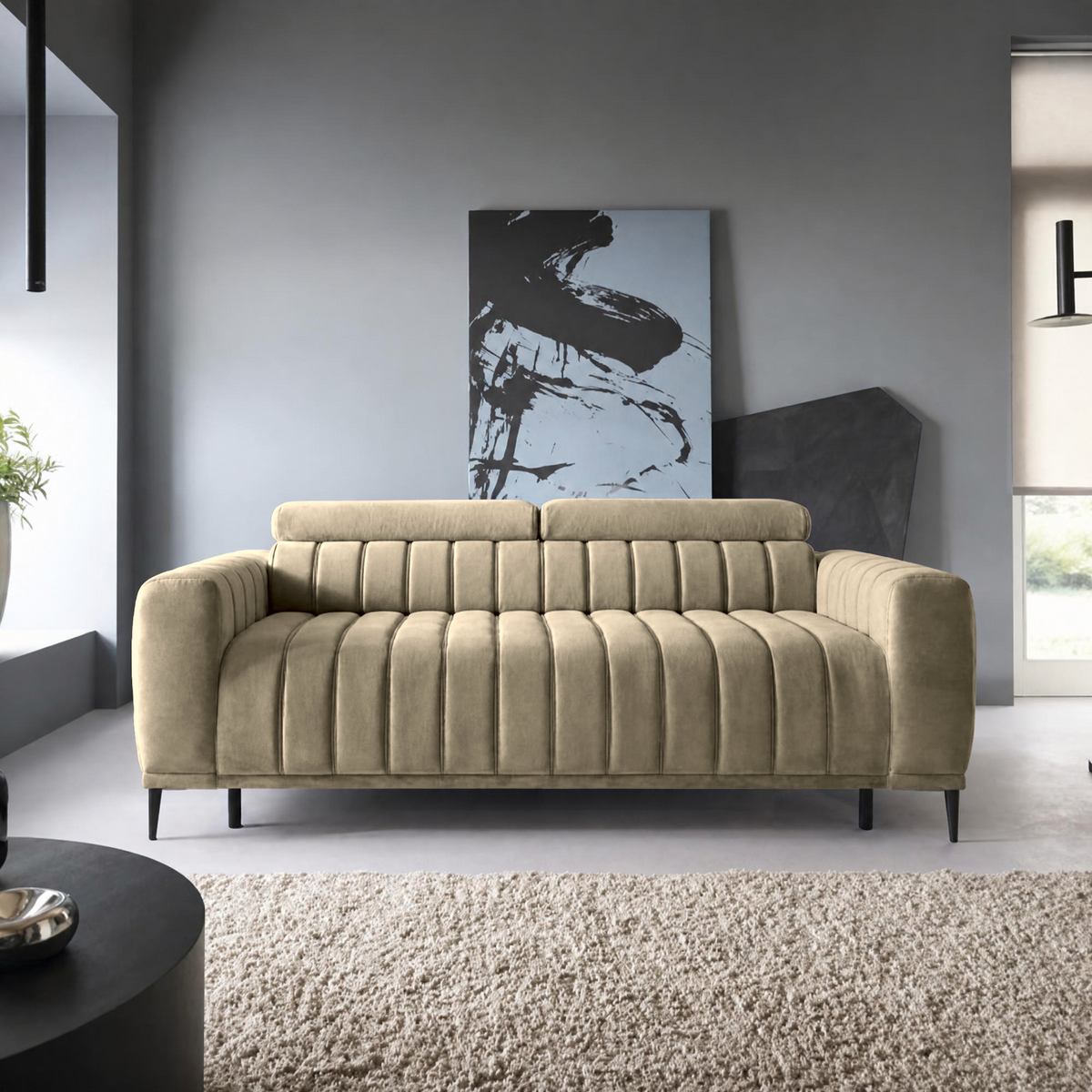 Canapea extensibila GANDI 160, stofa catifelata bej - Riviera 16, cu tetiere reglabile, 227x102x95 cm