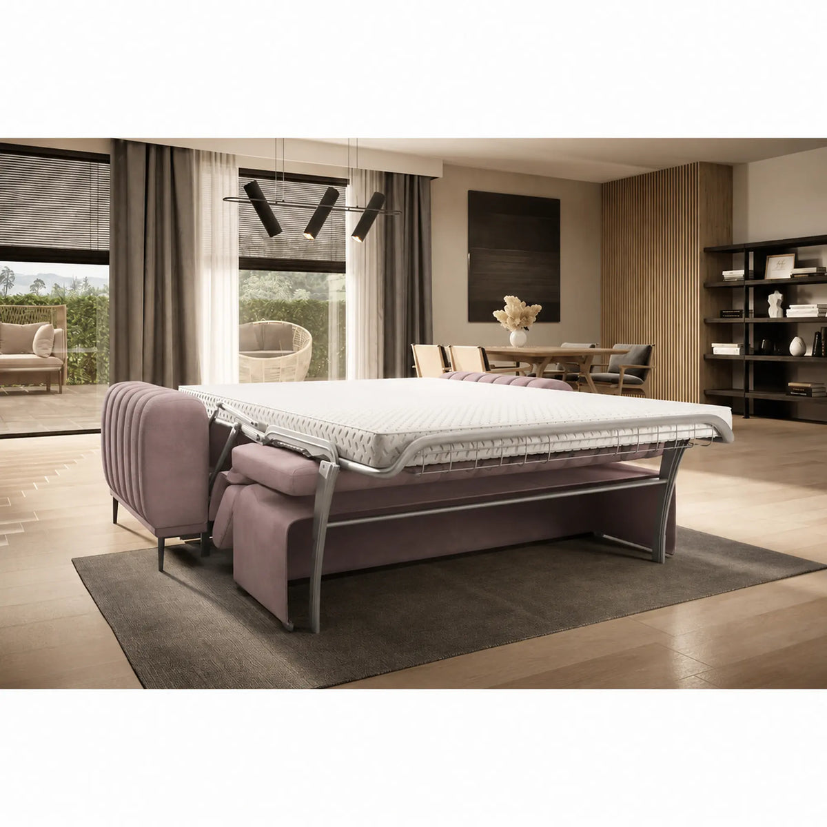 Canapea extensibila GANDI 160, stofa catifelata roz - Riviera 62, cu tetiere reglabile, 227x102x95 cm