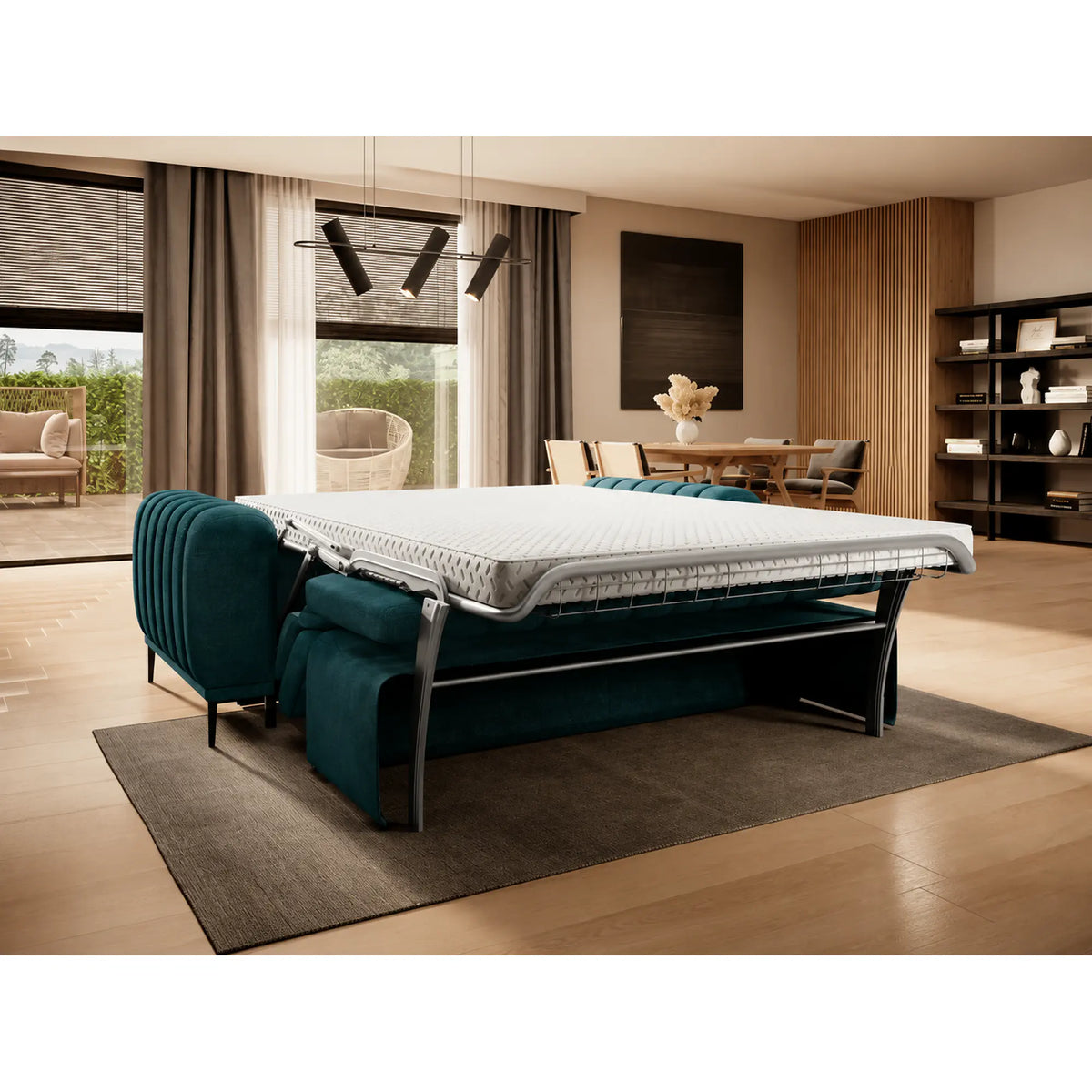 Canapea extensibila GANDI 160, stofa clasica turcoaz - Austin 14, cu tetiere reglabila, 227x102x95 cm