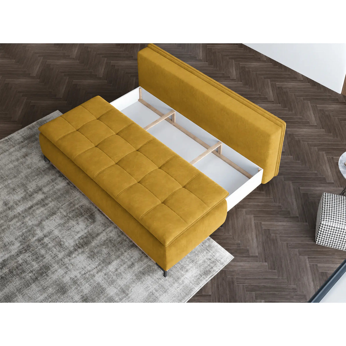 Canapea extensibila SWEET, stofa catifelata galben - Riviera 41, cu lada depozitare, 204x106x91 cm