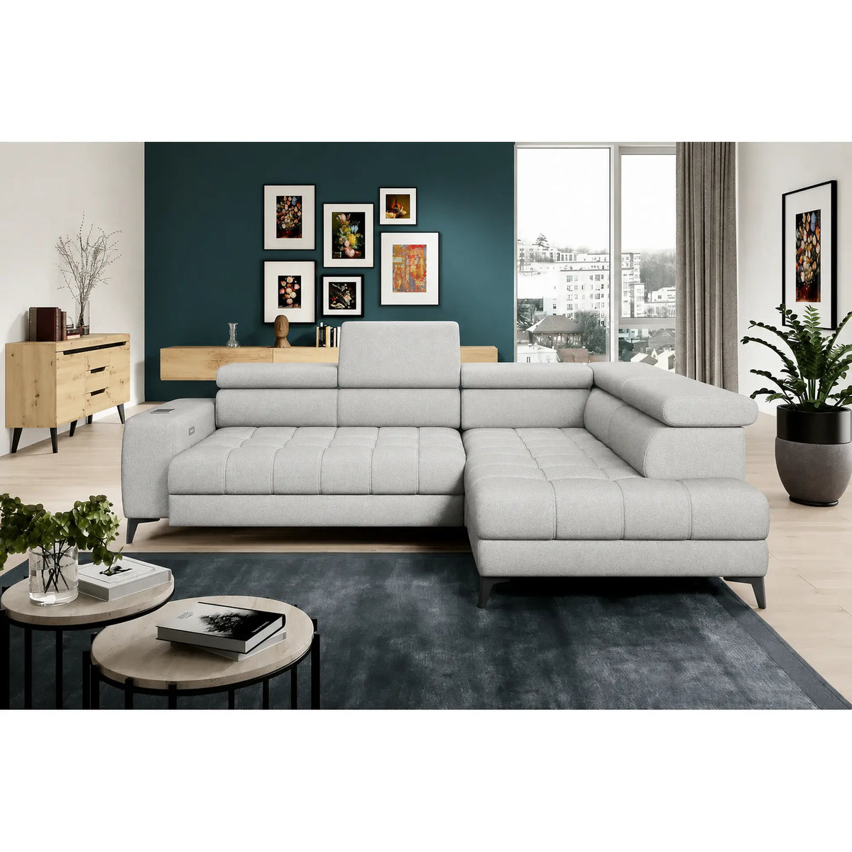 Coltar BAGGIO, sezlong dreapta, stofa catifelata crem - Solar 03, cu reglaj electric, incarcator wireless, lada depozitare si tetiere reglabile, 280x196x100 cm