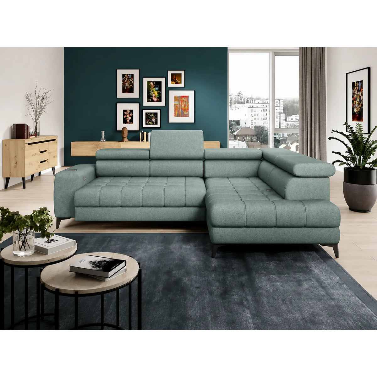 Coltar BAGGIO, sezlong dreapta, stofa catifelata verde menta - Salvador 12, cu reglaj electric, incarcator wireless, lada depozitare si tetiere reglabile, 280x196x100 cm
