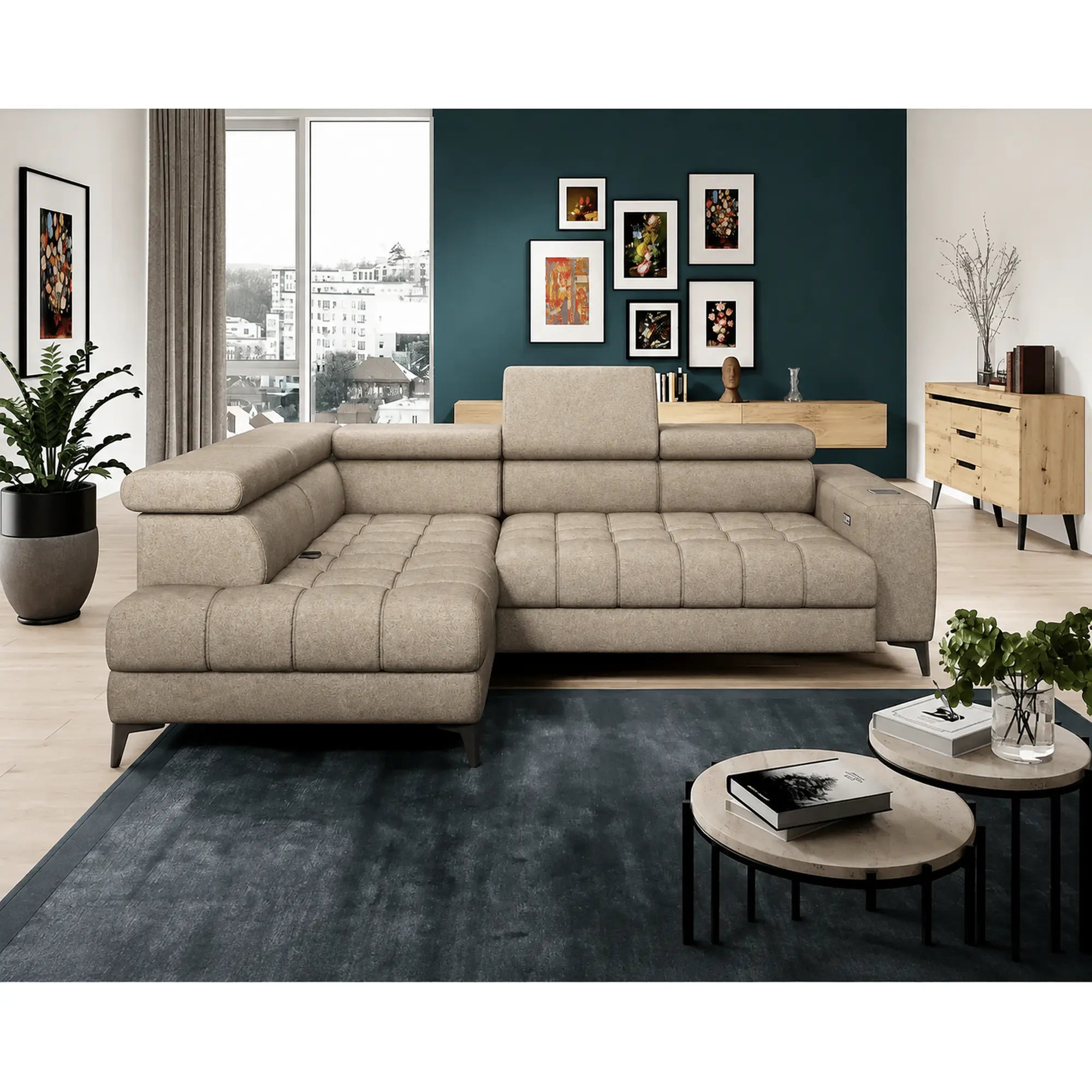 Coltar BAGGIO, sezlong stanga, stofa catifelata bej - Whisper 3, cu reglaj electric, incarcator wireless, lada depozitare si tetiere reglabile, 280x196x100 cm