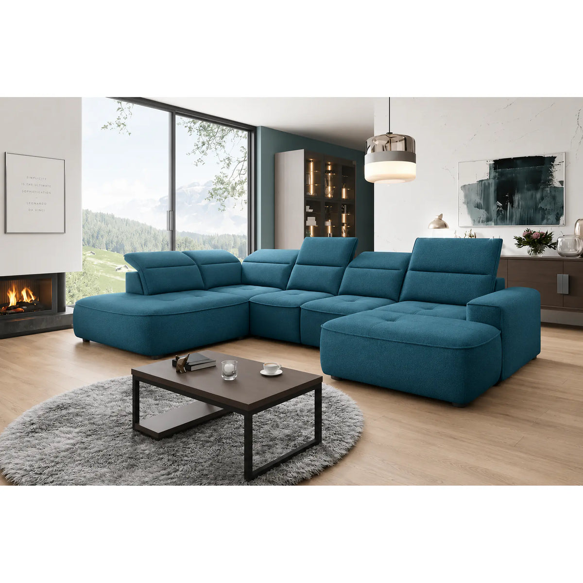 Coltar COLOMBO XL, sezlong stanga, stofa catifelata albastru azur - Element 14, cu lada depozitare si reglaj electric, 376x227x103 cm