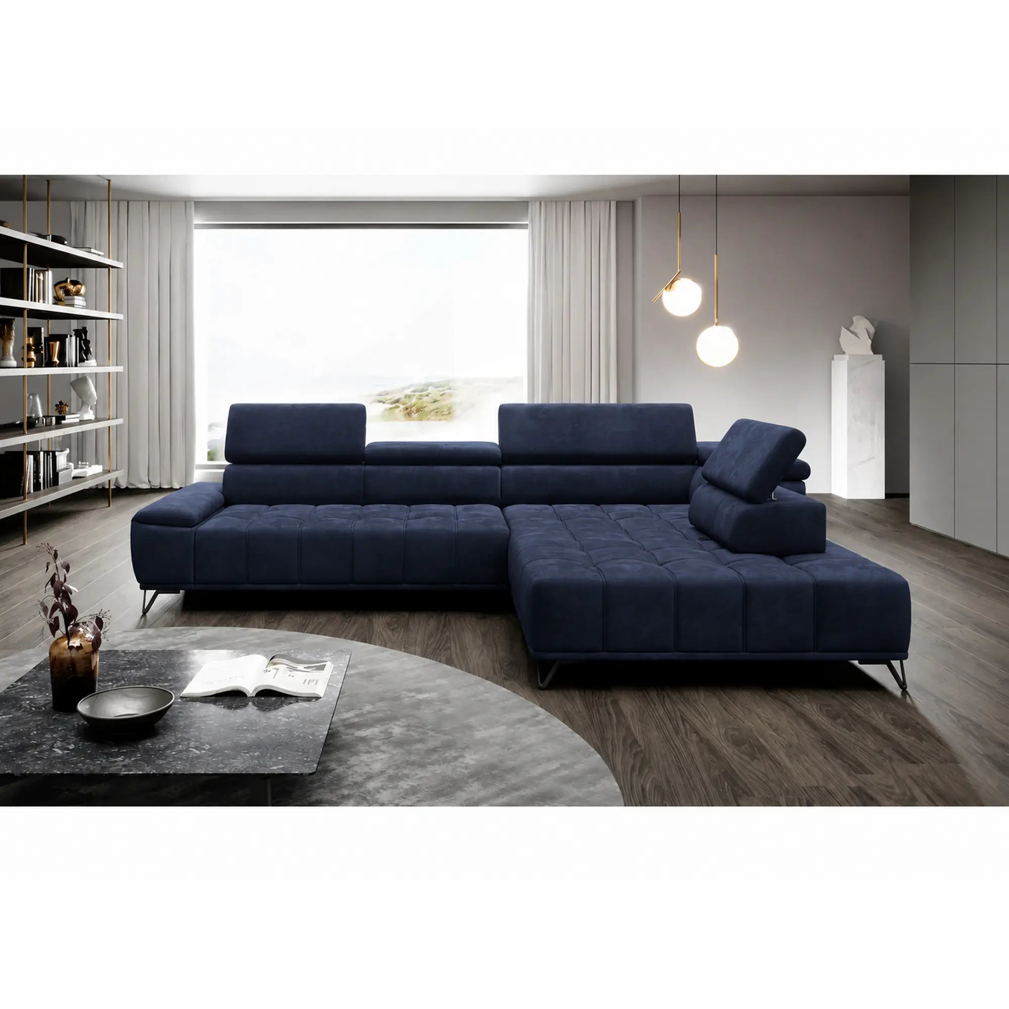 Coltar PALLADIO L, sezlong dreapta, stofa catifelata albastru inchis - Monolith 79, gama Oferta Avantaj, cu reglaj electric si tetiere reglabile, 320x220x99 cm