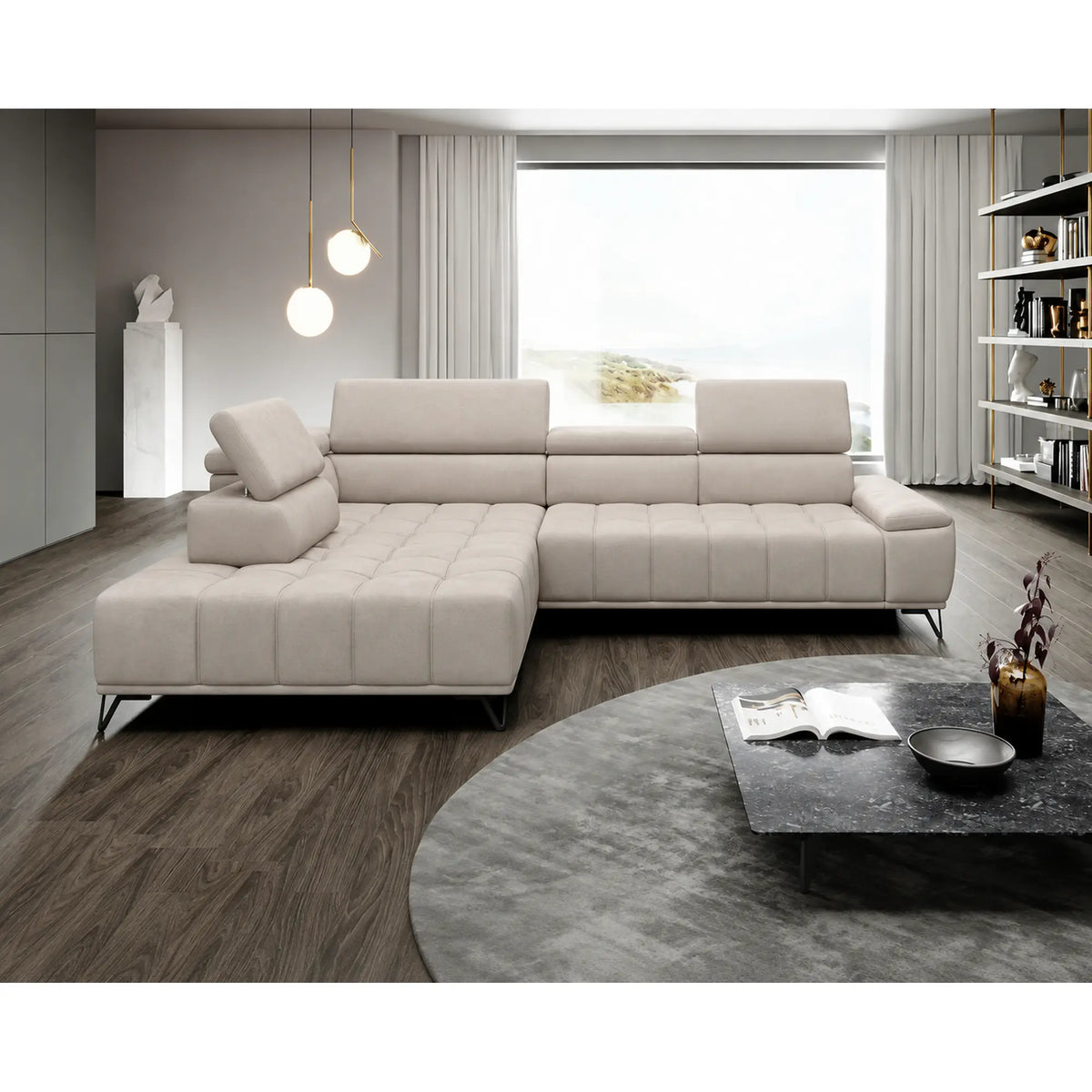 Coltar PALLADIO L, sezlong stanga, stofa catifelata bej - Vogue 1, cu reglaj electric si tetiere reglabile, 320x220x99 cm