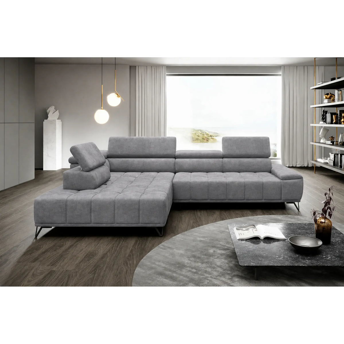 Coltar PALLADIO L, sezlong stanga, stofa catifelata gri - Whisper 17, cu reglaj electric si tetiere reglabile, 320x220x99 cm
