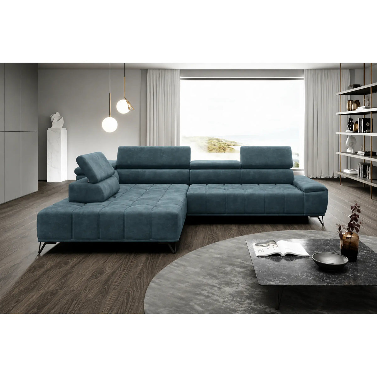 Coltar PALLADIO L, sezlong stanga, stofa catifelata turcoaz inchis - Riviera 87, cu reglaj electric si tetiere reglabile, 320x220x99 cm