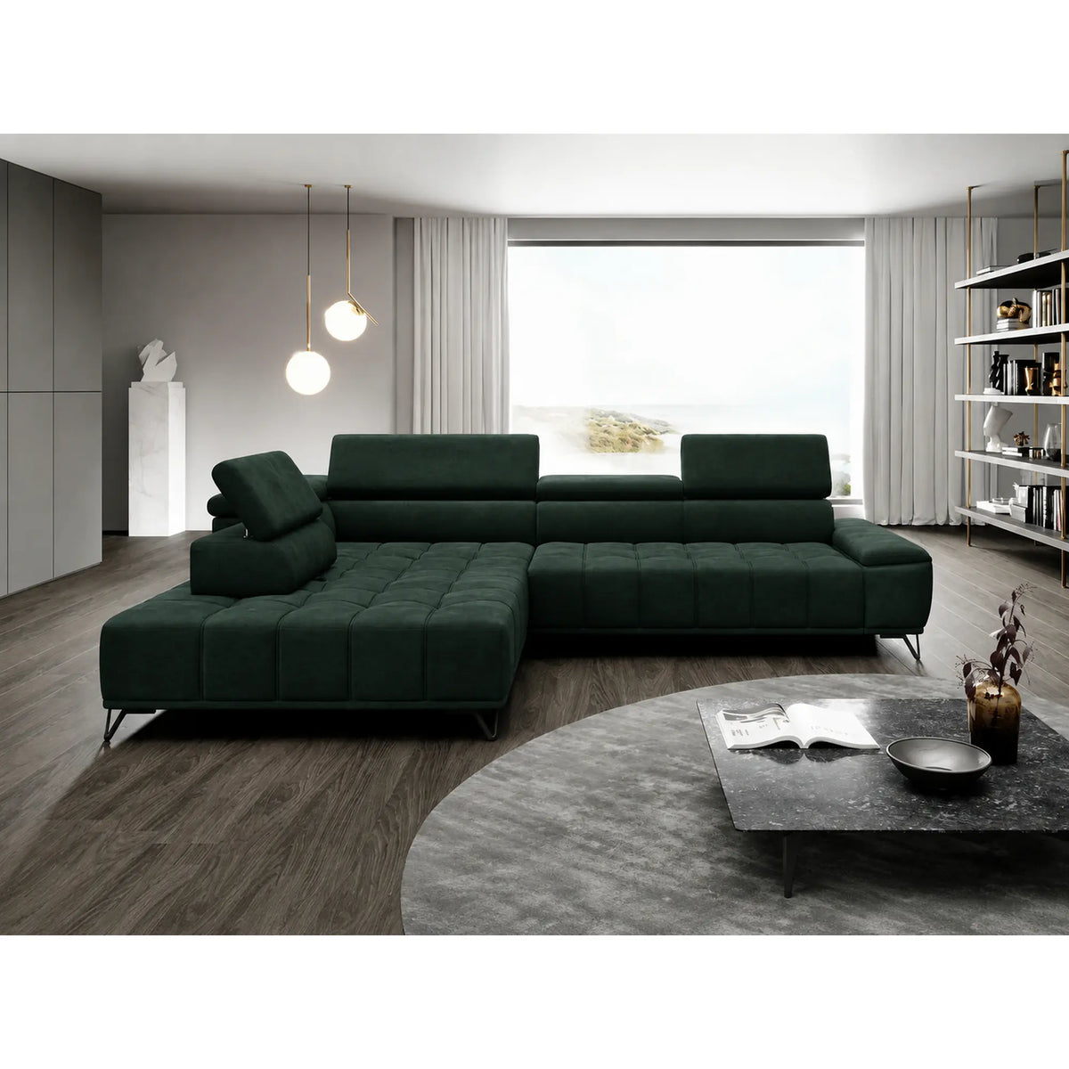 Coltar PALLADIO L, sezlong stanga, stofa catifelata verde inchis - Element 12, cu reglaj electric si tetiere reglabile, 320x220x99 cm