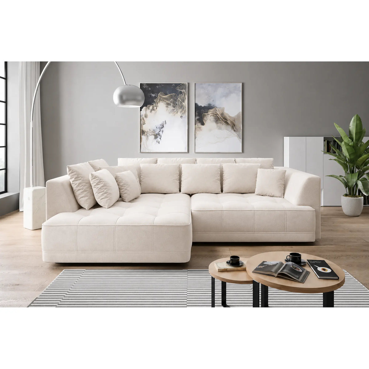 Coltar TIGA, sezlong stanga, stofa catifelata crem - Salvador 01, cu reglaj electric, 286x207x77 cm