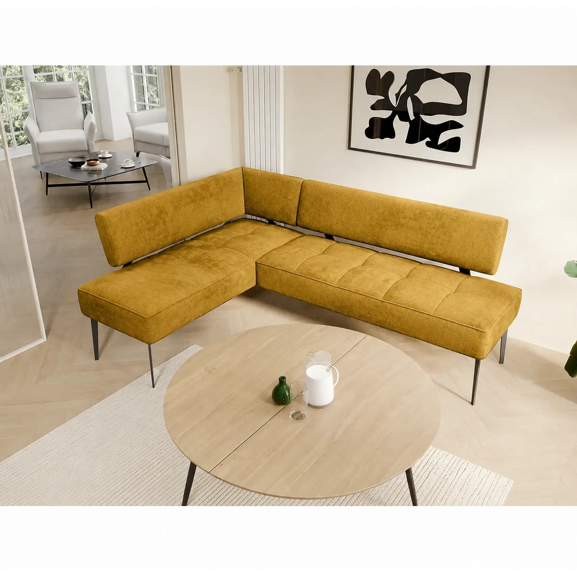 Coltar bucatarie BANCO, sezlong stanga, stofa catifelata galben - Salvador 09, 213x164x89 cm