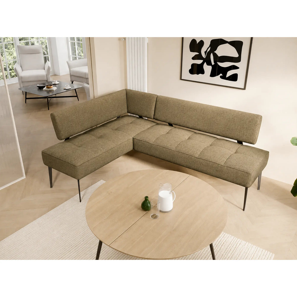 Coltar bucatarie BANCO, sezlong stanga, stofa catifelata verde olive - Salvador 10, 213x164x89 cm