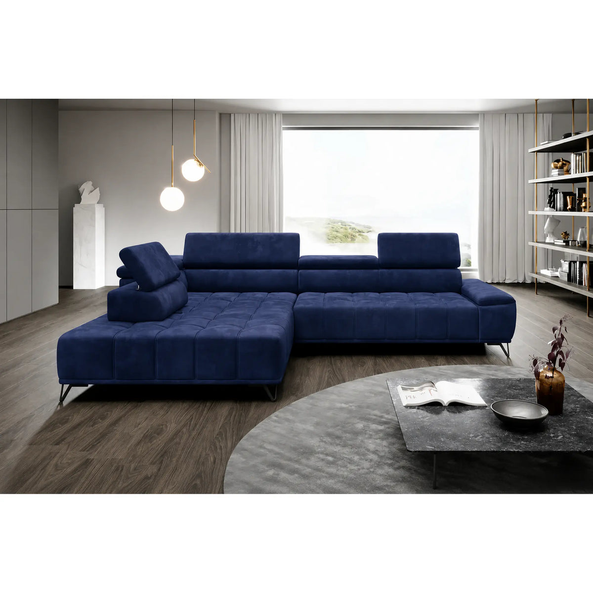 Coltar cu sezlong PALLADIO L, sezlong stanga, stofa catifelata albastru inchis - Riviera 81, cu reglaj electric si tetiere reglabile, 320x220x99 cm